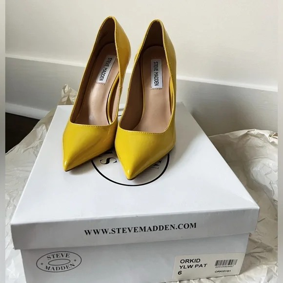 Steve Madden Orkid yellow patent heels pumps 4in heel size 6 - Picture 2 of 14